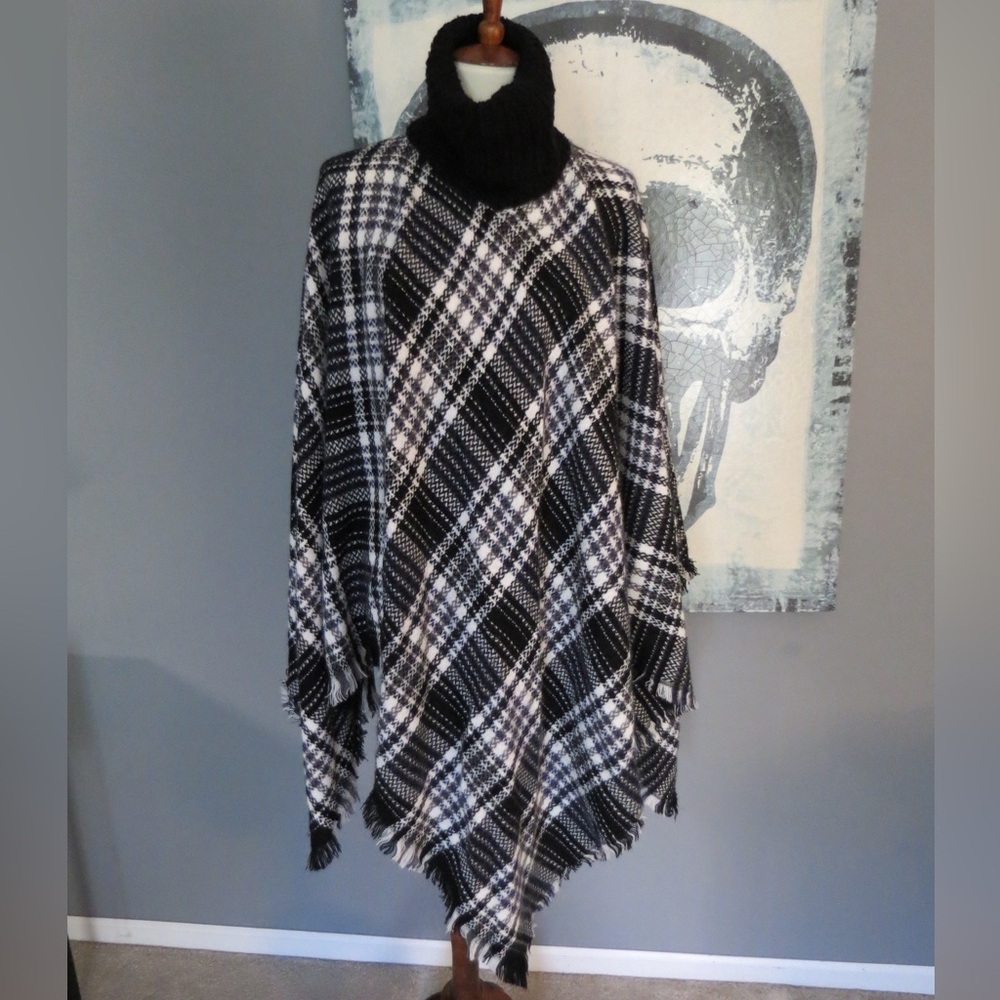 Black and White Plaid Sweater Poncho